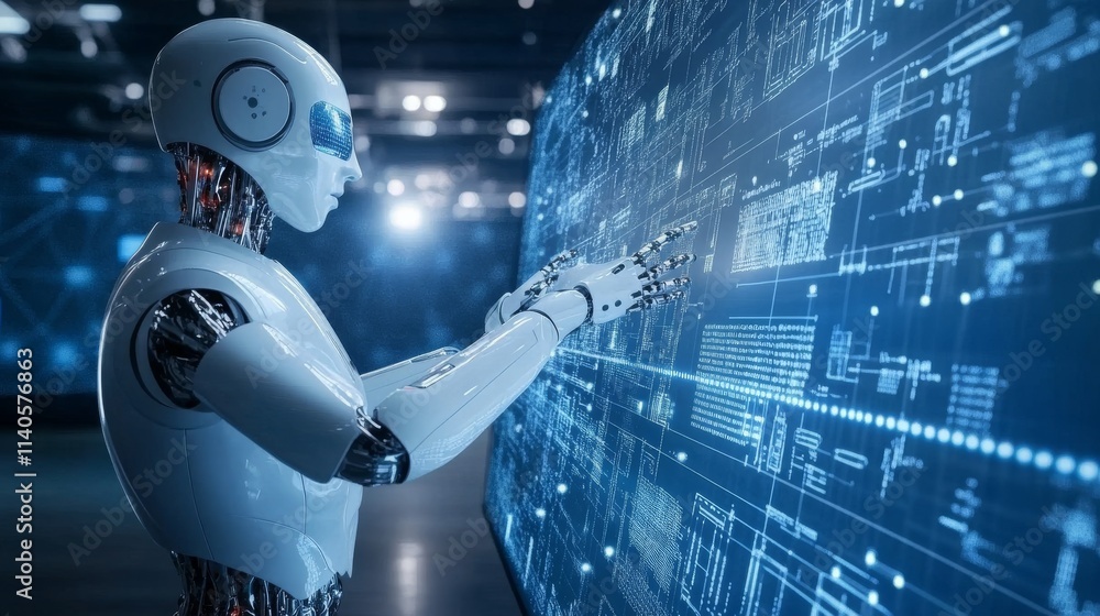 Poster business man and robot hand touch digital screen of ai icon artificial intelligence concept, big dat