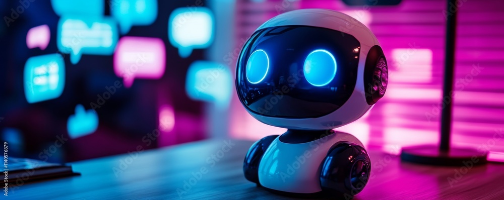 Poster cute white robot showing artificial intelligence with speech bubbles in background