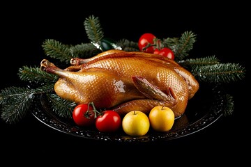 Photo of an enormous roasted duck on a black plate, accompanied by pine tree branches, small tomatoes, and a yellow apple, creating a festive Christmas dinner background