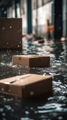 Cardboard boxes floating in a flooded warehouse