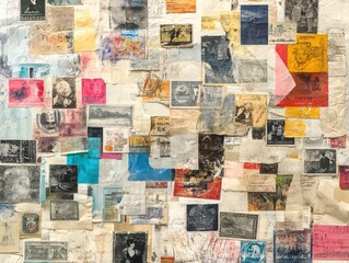 collage of old postage stamps and paper fragments on a white background