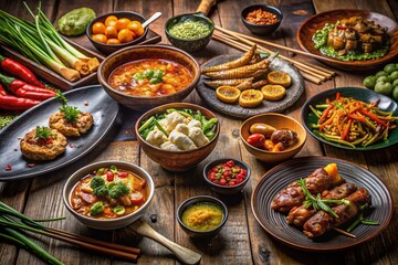 Mouthwatering Asian Food Photography: Delicious Dishes on Rustic Wooden Table