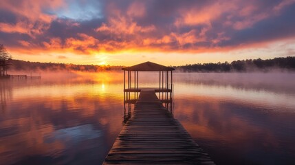 Fototapeta premium A serene lakeside view at sunrise with a dock and mist over the water.