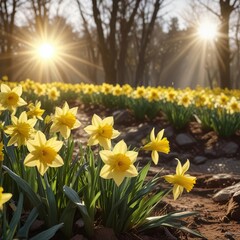 Obraz premium Daffodils swaying in a breeze with sunbeams and solar flares, solar flare, daffodil, glow