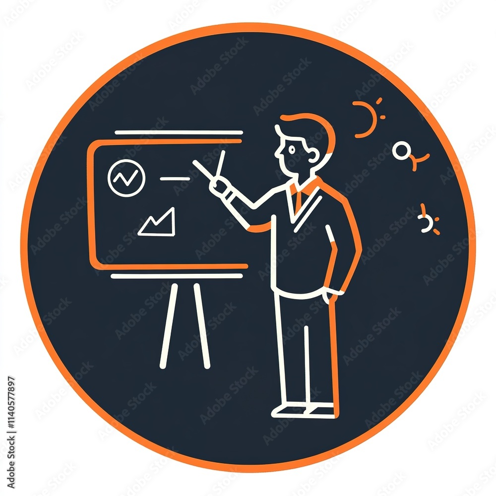 Poster man is standing in front of a black board with a white circle around it