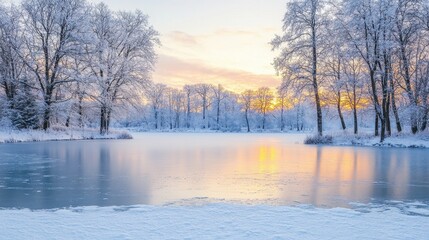 Obraz premium A serene winter landscape featuring a frozen lake surrounded by snow-covered trees and a colorful sunrise in the background.