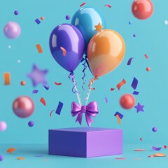 Colorful Balloons and Confetti Creating a Festive Atmosphere Around a Vibrant Gift Box on a Cheerful Blue Background, Perfect for Celebrations and Special Occasions