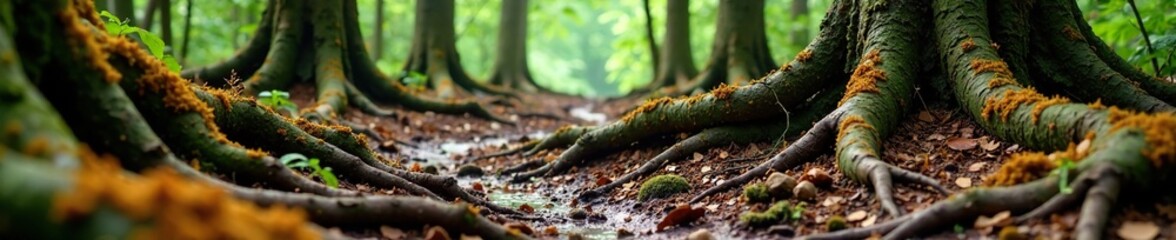 Obraz premium Muddy forest floor with twisted tree roots and orange moss, decayed wood, trees