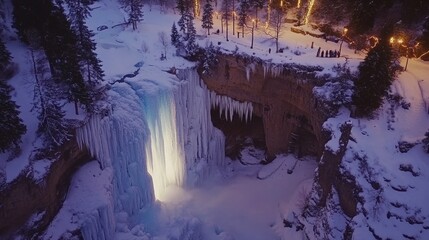 A stunning aerial view of a frozen waterfall surrounded by snow-covered trees, illuminated by soft light, creating a serene winter landscape.