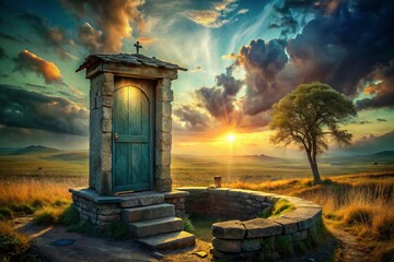 Mysterious Well Door: Surrealist Fantasy Painting, Rule of Thirds Composition, Dark Fantasy Art, Well and Door Artwork
