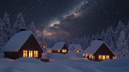 A serene winter scene featuring cozy cabins illuminated by warm light, surrounded by snow-covered trees under a starry night sky.