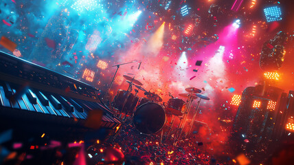 Concert Stage with Keyboard and Drums. Music Festival. Colorful Lights.