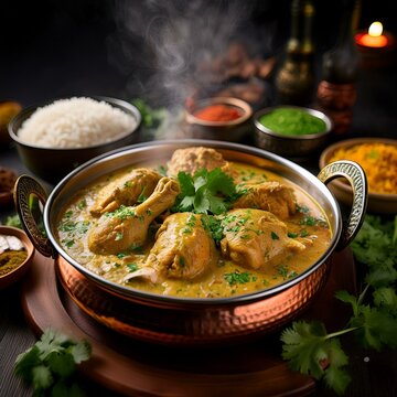 Traditional Indian feast unfolds around a steaming handi of chicken, its creamy sauce a canv