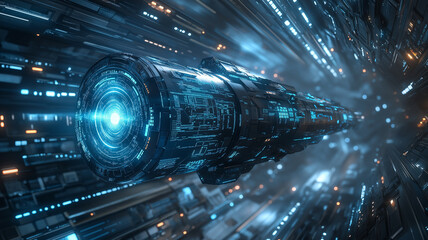 Spaceship Futuristic Flight Through Digital Tunnel