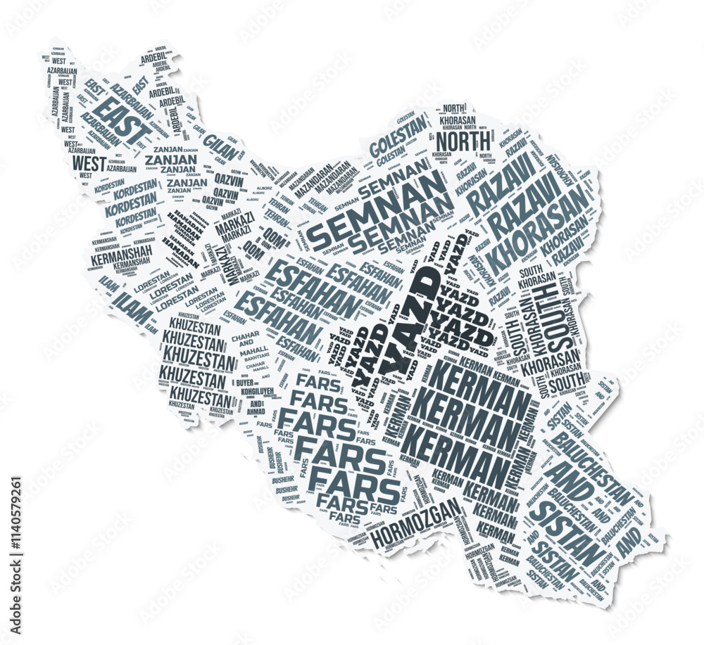 Aufkleber iran shape text cloud. country border with shadow on white background. iran with regions division in