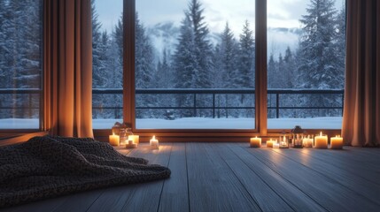a room with a view of a snowy forest