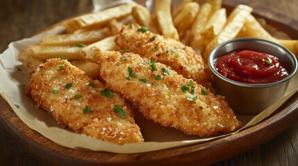 Breaded chicken fingers with french fries and ketchup