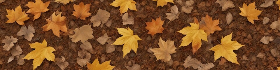 Dry fallen yellow maple leaves on a crunchy brown carpet, nature, forest floor