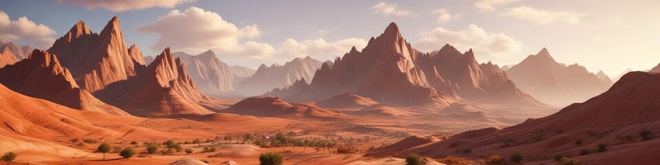 Naklejka premium Earthy terracotta landscape with distant sunlit mountains , mountain range, soft hues