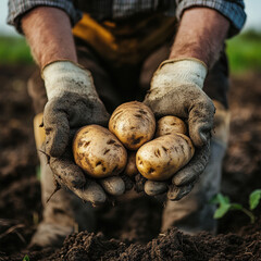 Modern Farmers Holding Fresh Potatoes in Field