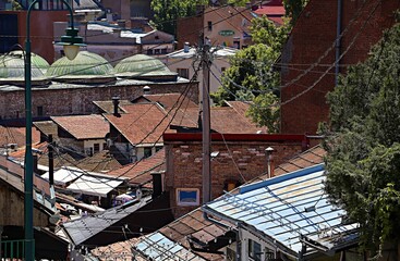 Aerial view of tiled rooftops in poor area of ​​city