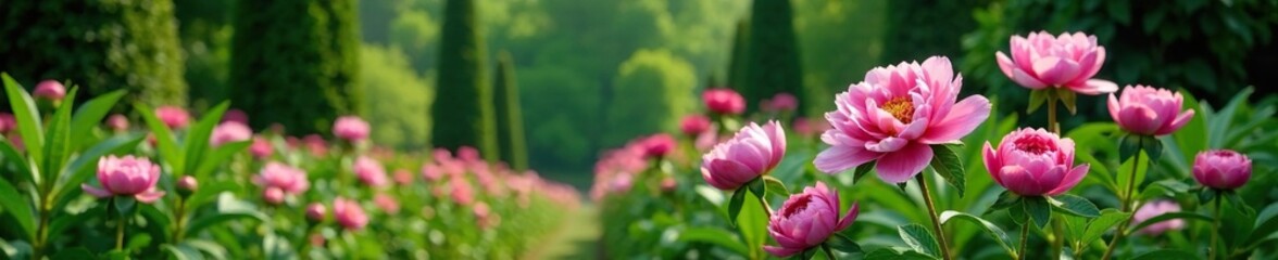 Pink peony flowers in a lush green garden with tall trees and bushes, plants, bushes