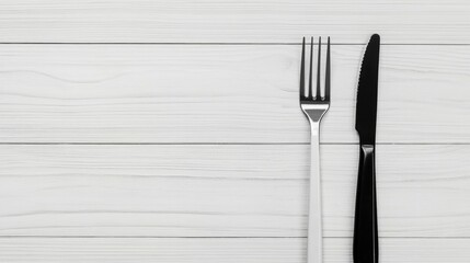 Black and White Fork with Knife on Light Wood Background, Flat Lay Minimalistic Dining or Cooking Concept, Ample Space for Text, High-Quality Professional Photo
