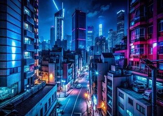 Obraz premium Neon Blue Dark Cityscape: High Depth of Field Photography, Cyberpunk Night Scene, Digital Art, Sci-Fi Background, Electric Blue, Glowing City, Dark Background, Night City, Futuristic City, Abstract, 