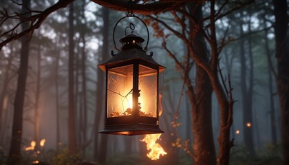Flickering flames in a metal lantern hanging from a tree branch in a forest, branch, nature