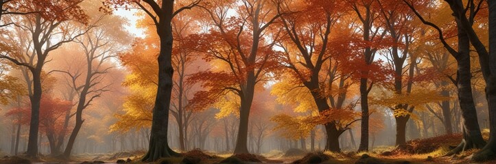 Fototapeta premium Richly colored leaves and branches of deciduous trees in El Ripolles forest, forest, el ripolles