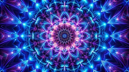 Neon Kaleidoscopic Mandala Silhouette: Dark Blue Purple Esoteric Abstract Art Background