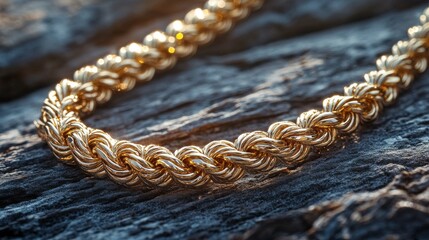Gold pendant necklace resting on textured rocks at sunset