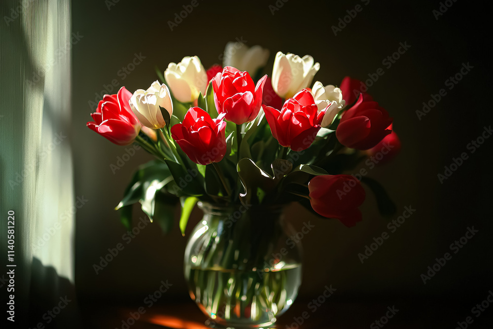 Poster vase of red and orange tulips sits on a table. the flowers are arranged in a way that makes them loo