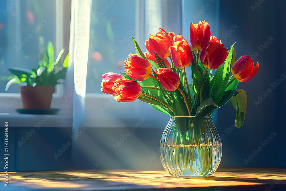 Poster vase of red tulips sits on a table in a room with a window. the sunlight shining through the window 