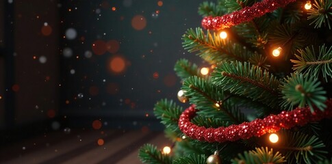 Glittering Christmas tree with decorative red glitter topper, garland, christmas tree