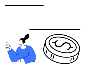 Person in blue pointing upwards, oversized coin with dollar sign. Ideal for finance, investments, savings, budgeting, decision-making, financial advice economic discussions. Line metaphor