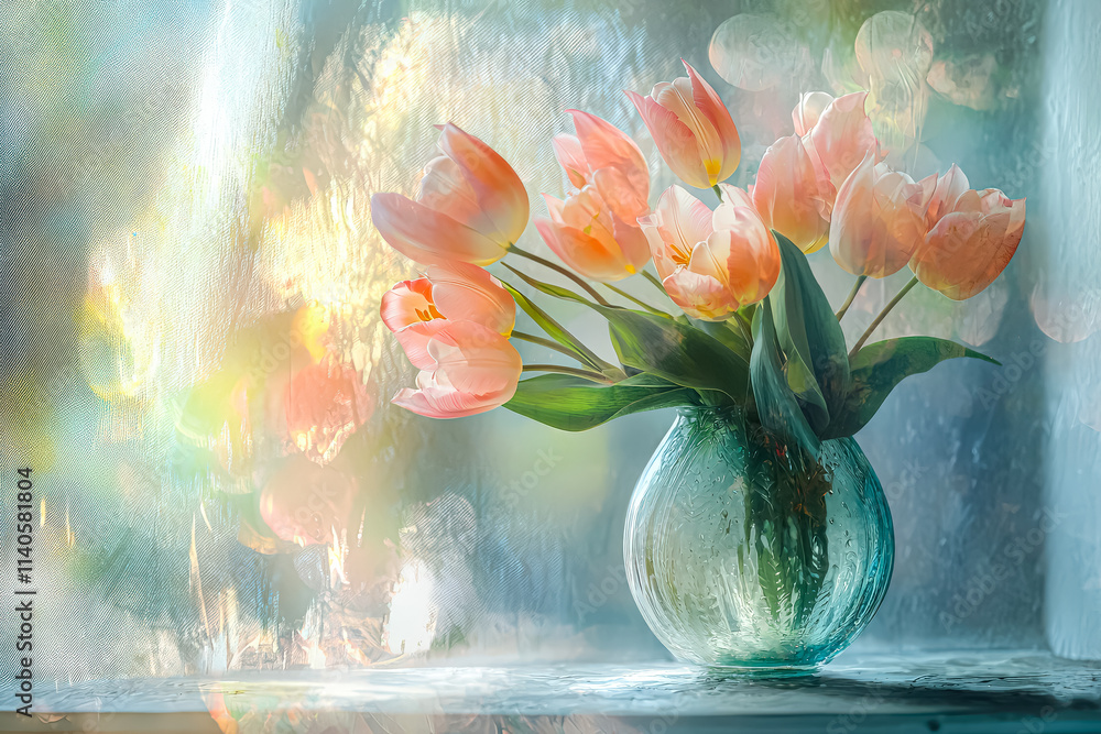 Poster vase of red tulips sits on a table in a room with a window. the sunlight shining through the window 