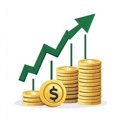 Stack of gold coins with a green arrow pointing upwards