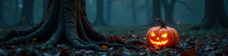 Fototapeta premium Glowing pumpkin nestled among twisted tree roots, glow, spooky, dark