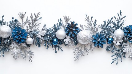 Festive Wintery Frame with Blue and Silver Decorations Featuring Pine Cones, Glittering Ornaments, and Frosted Foliage for Holiday Celebrations