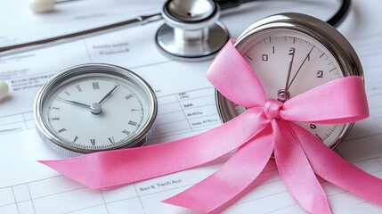 Two clocks and stethoscope on medical chart with pink ribbon.