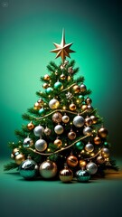 Fototapeta premium christmas tree of the lights tree stands centrally on a lush, emerald green background,
