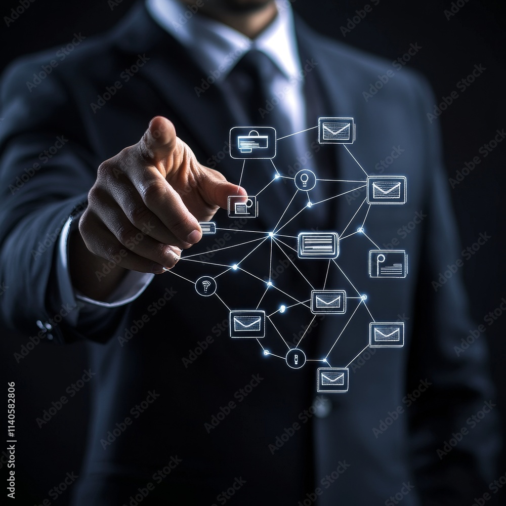 Poster connecting ideas and technology through a virtual network during a nighttime meeting in a modern off