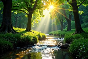 Obraz premium Sunlight filtering through trees by the stream, stream, serene, landscape