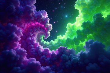 Swirling clouds of purple gas with green tendrils, cosmic rays, green, space