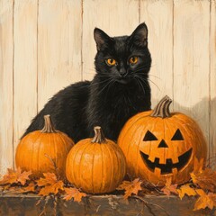 black cat with pumpkins and fall leaves