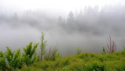 Fototapeta premium Fog in nature, cities and villages with misty forest landscape