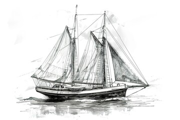 Large sailboat is shown in a black and white drawing