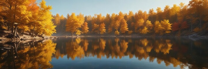 Landscape of golden autumn leaves on a serene lake, outdoor beauty, autumn colors
