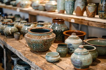Beautifully crafted pottery showcasing intricate designs in a rustic store filled with various ceramic pieces